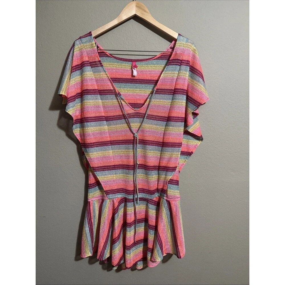 VICTORIAS SECRET Colorful Striped Mesh Cover Up Dress Flounce Hem Size M/L